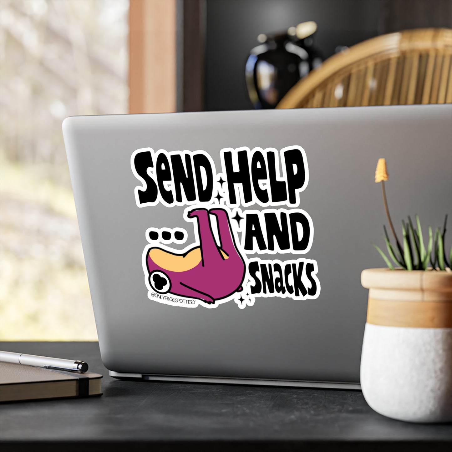 Frog Vinyl Decal Sticker – Send help and snacks