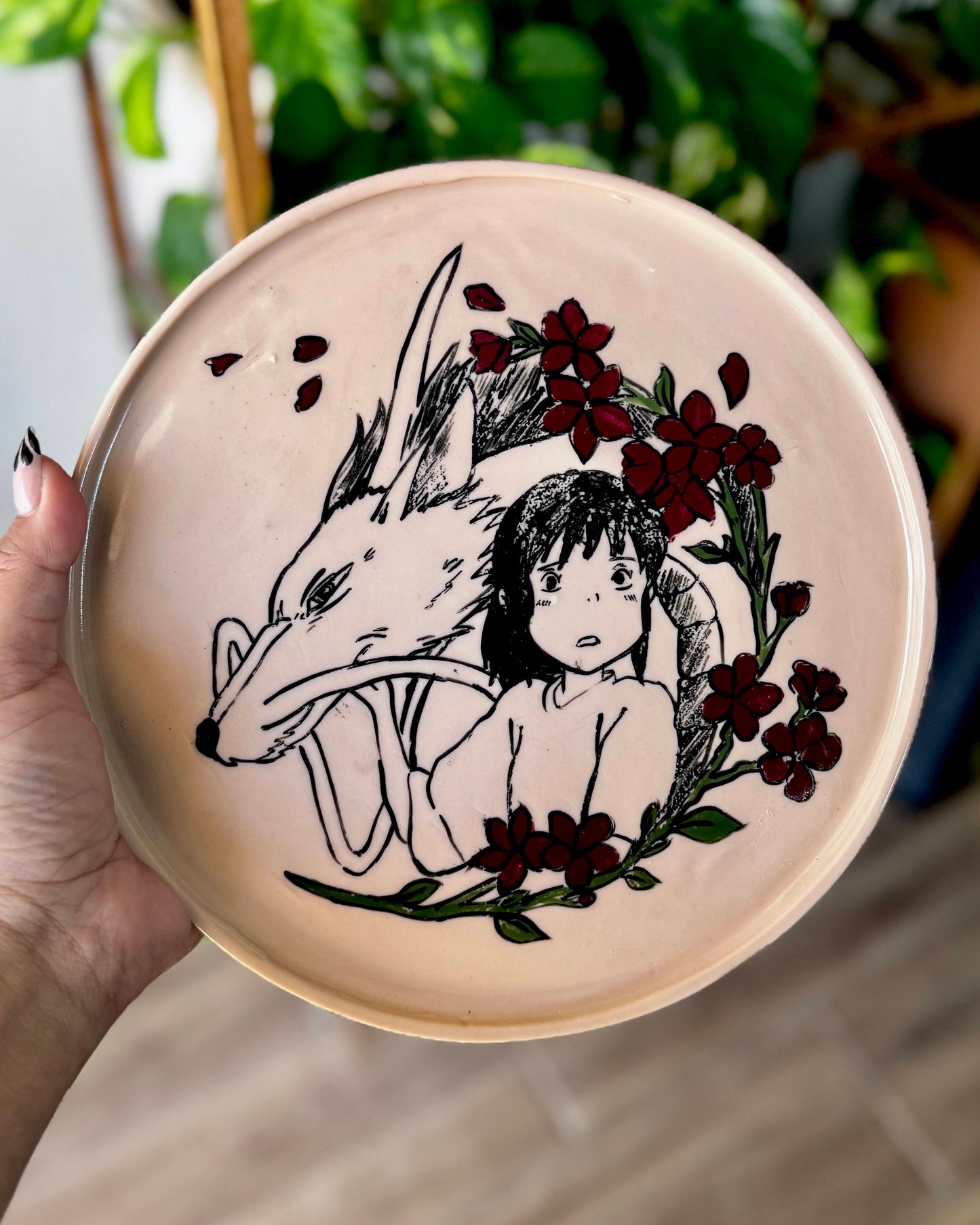 Princess Mononoke plate alternate view showing Chihiro and Haku with red florals