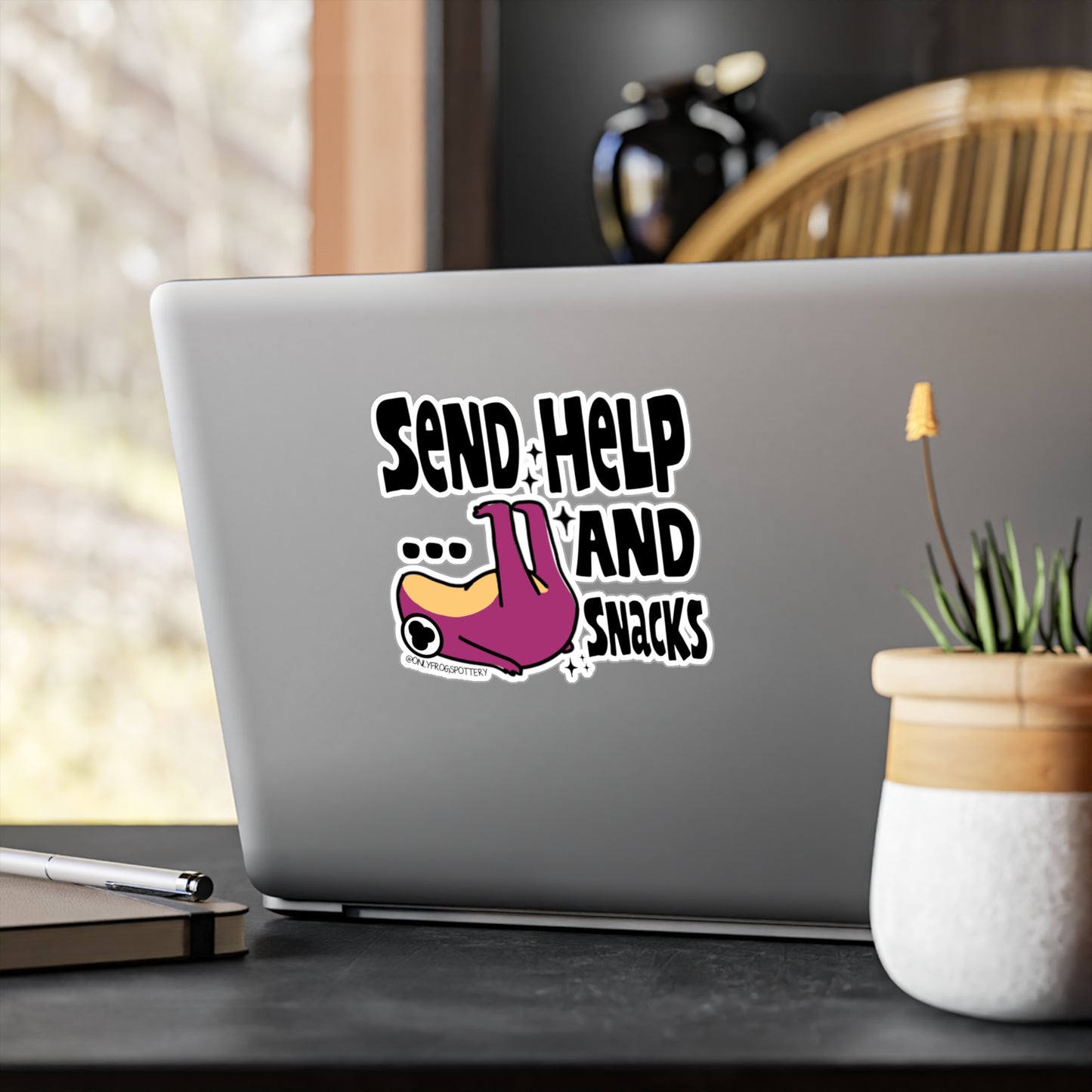 Frog Vinyl Decal Sticker – Send help and snacks