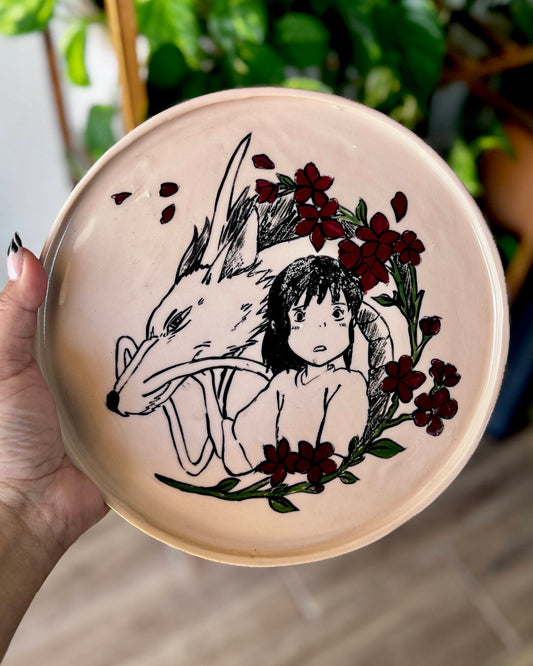 Princess Mononoke plate alternate view showing Chihiro and Haku with red florals