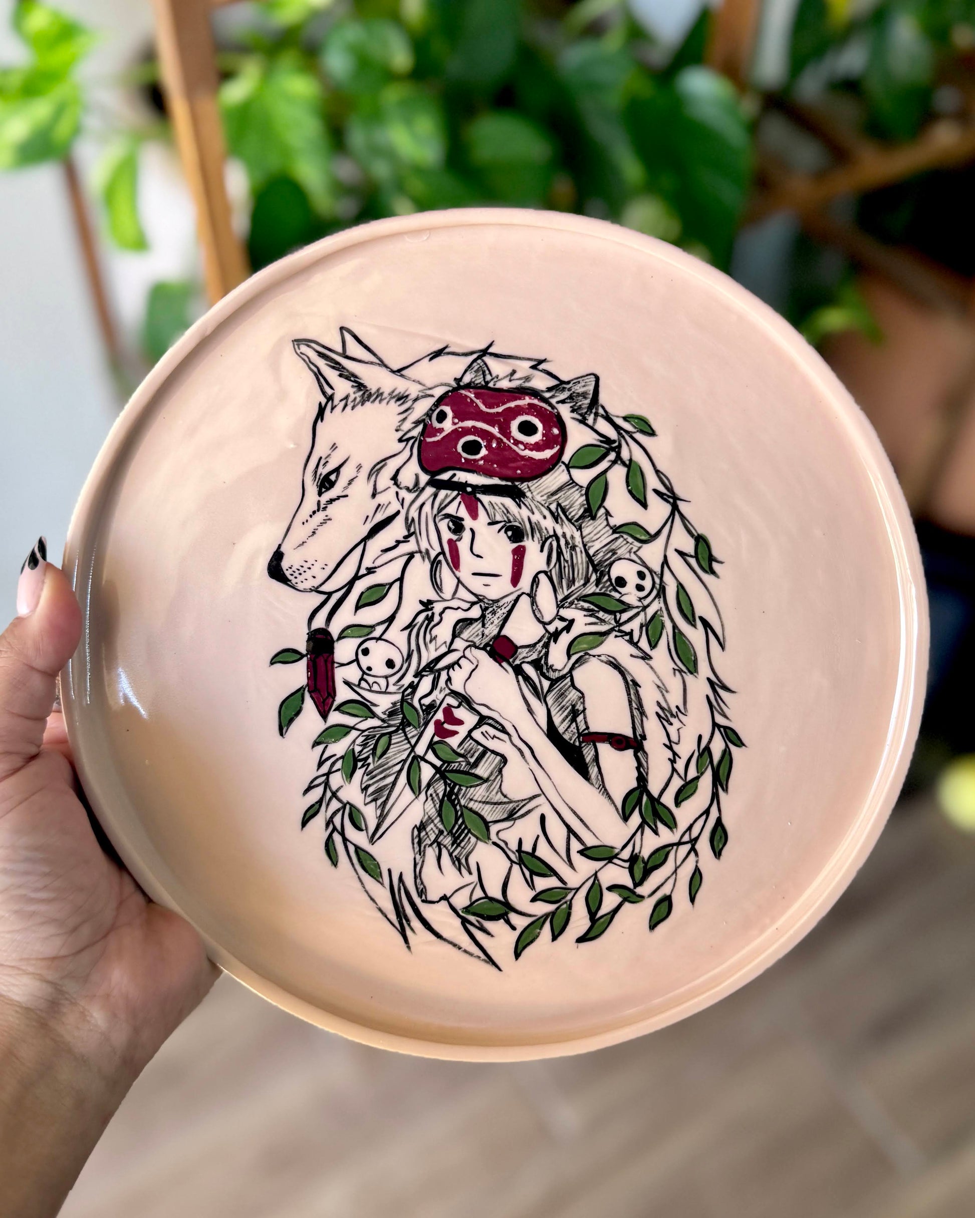 Princess Mononoke plate front view showing San with wolf mask and Moro