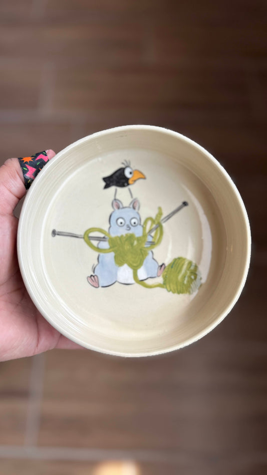 Spirited Away mouse knitting bowl showing Boh mouse tangled in yarn with crow