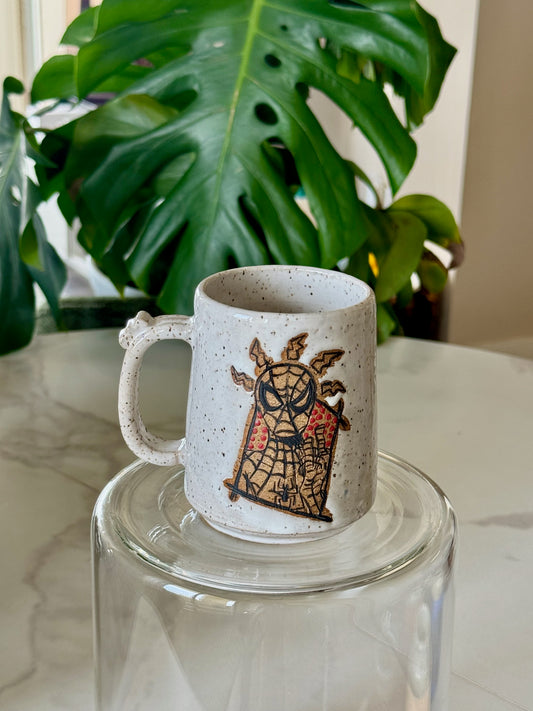 Spider-Man mug front view showing hand-illustrated Spider-Man posing