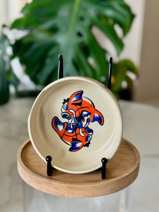 Magikarp yin-yang dish front view showing two Magikarps in orange and blue