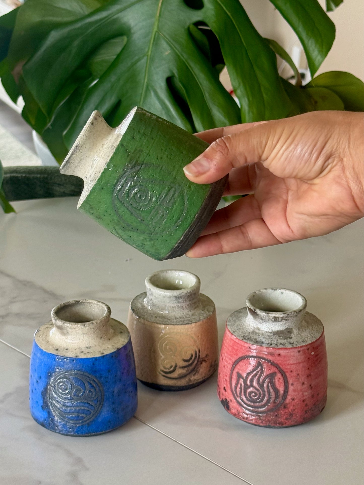 Water Tribe raku bud vase in cobalt blue with water symbol stamp