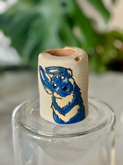 German Shepherd travel cup front view showing hand-illustrated dog on speckled cream clay