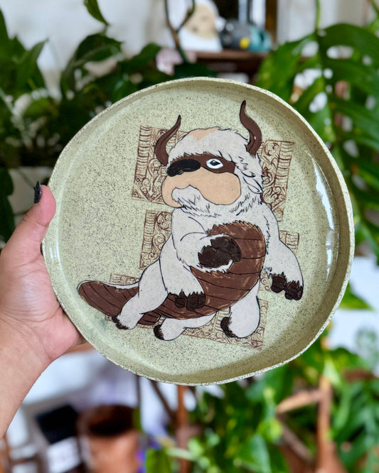 Appa plate held up showing speckled glaze and detailed illustration