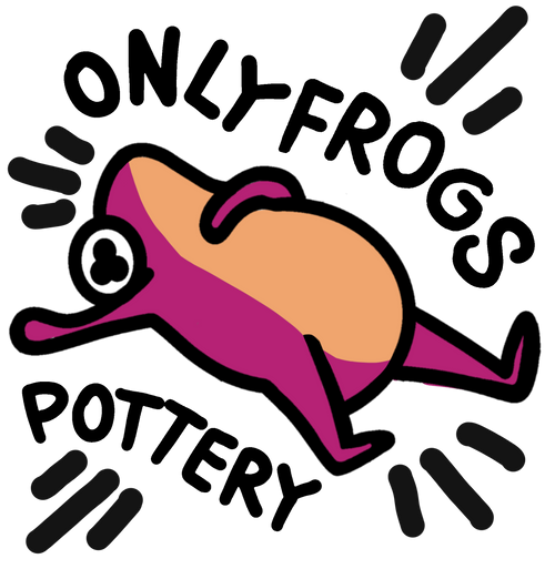 Logo of 'Only Frogs Pottery' with a stylized frog design.